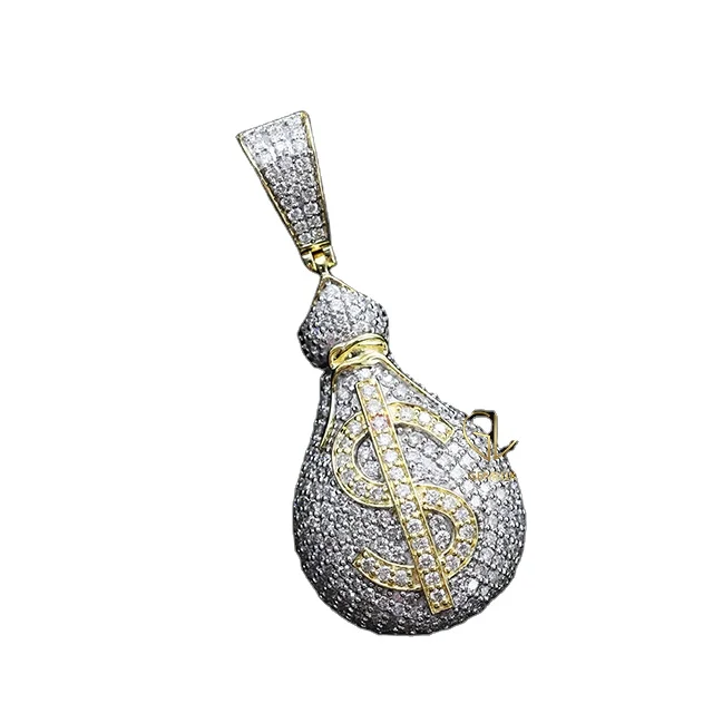 Hot Selling 925 Silver VVS Moissanite Pass Diamond Tester Dollar Sign Money Bag Hiphop Pendant and Charms
