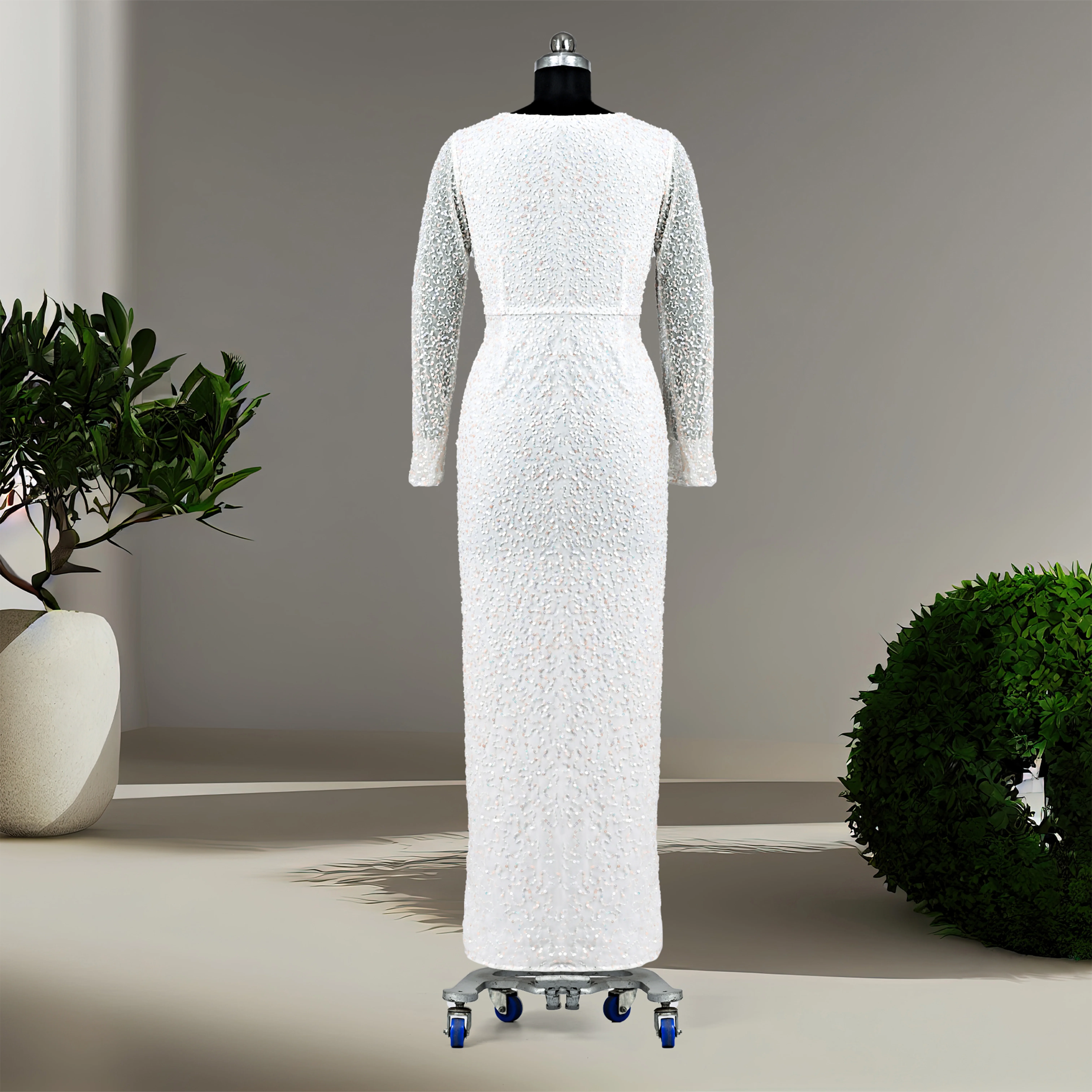 Beautiful Elegant Sequin Beads Hand Embroidery Floor Length V neck Line High Slit Evening Dress