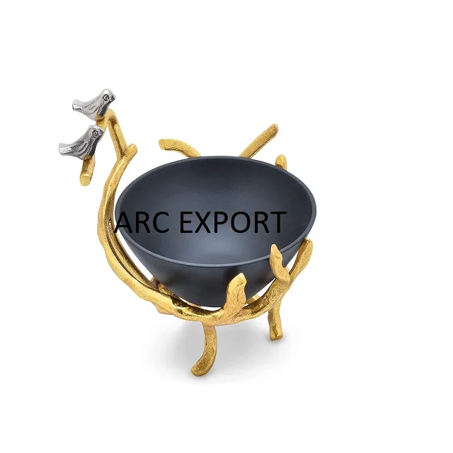 3 Layer Modern Decorative Glass Metal Bowl With Black Tree Leaf Design Serving Bowls Stylish Table Accessories Decorative Bowl