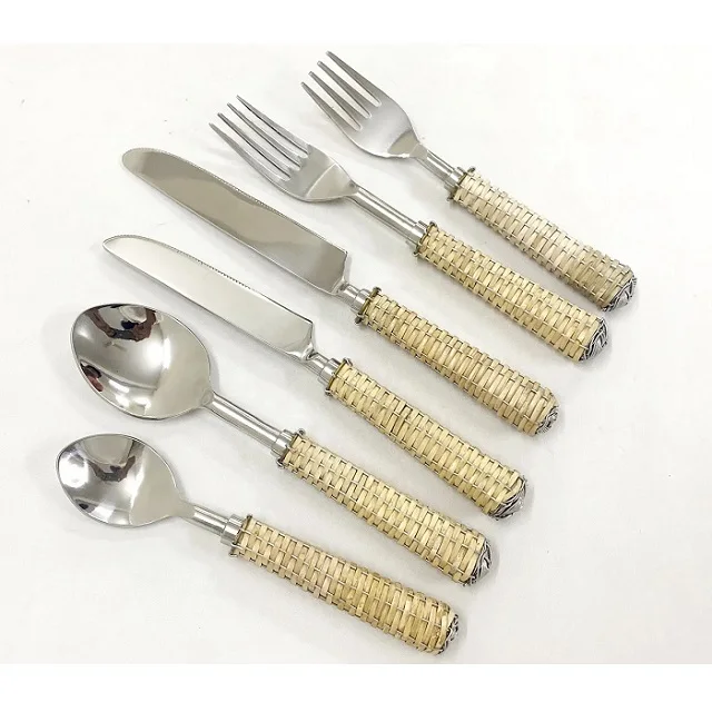 Affordable Price Stainless Steel Flatware Set With Wicker Handle Customized Engraved Logo 6 Pcs Cutlery Set Dinner Set Tabletop