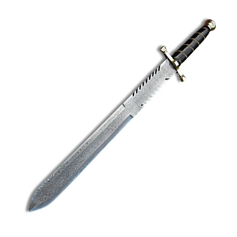 A BEST QUALITY CUSTOM HAND MADE DAMASCUS BLADE HUNTING SWORD, HANDLE IS MADE OF HORN With Leather Sheath By Knives Maker