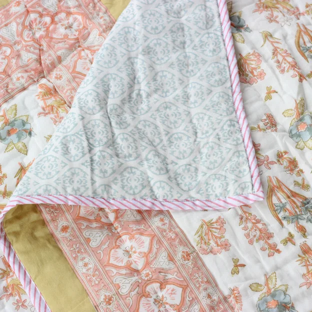 Jaipuri Handmade Quilt Indian Hand Block Printed Reversible Razai Cotton Voile Handmade Quilt Patch Work Quilt