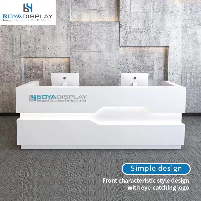 Custom White Glossy Acrylic Solid Surface Front Led Light Reception Desk Salon Front Desk