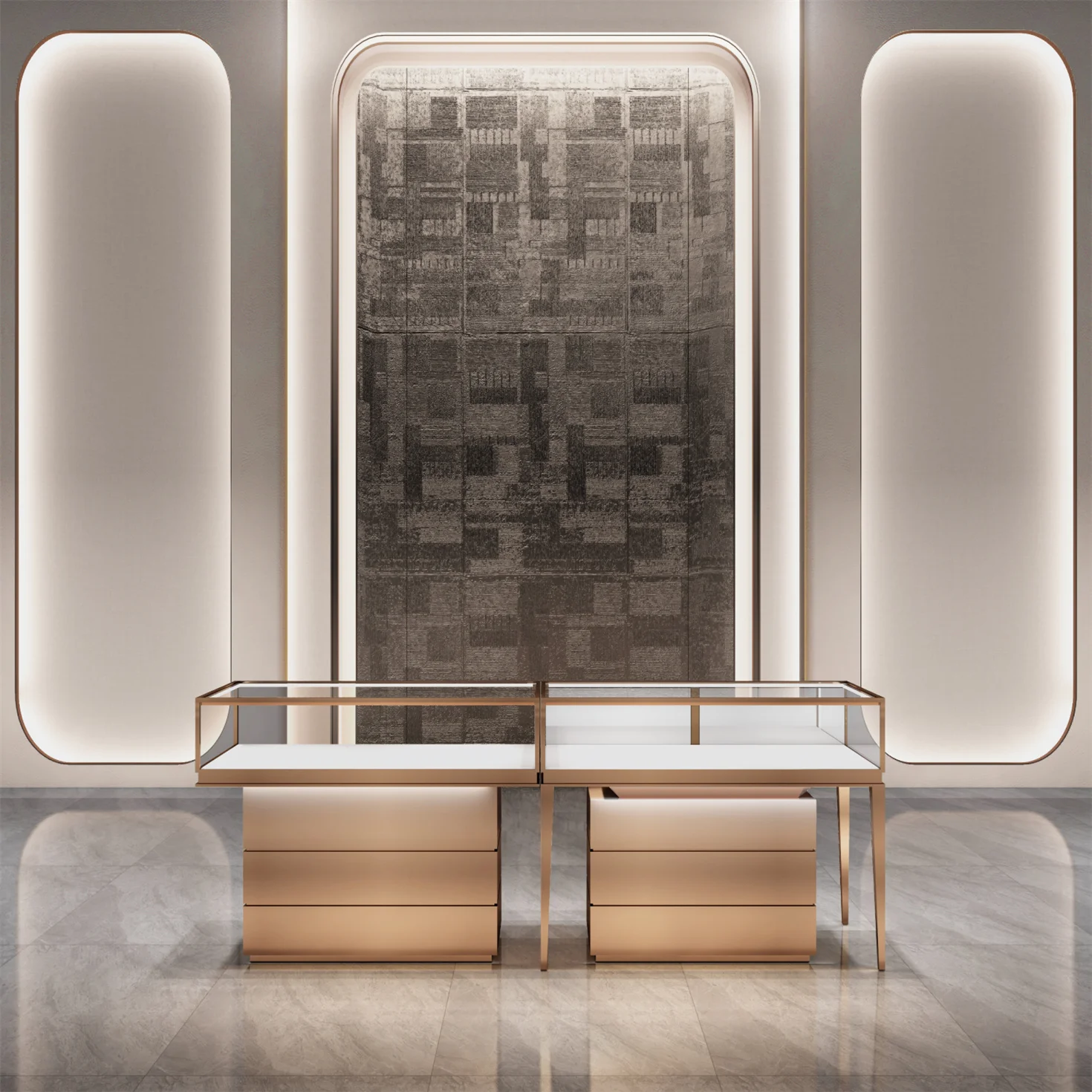 2023 Modern Luxury Decoration Jewellery Showroom Counter Design Interior with led light glass jewelry display showcase