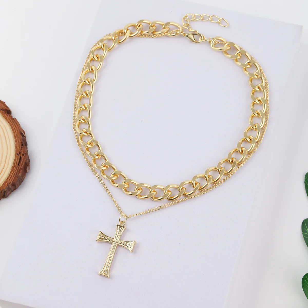 Fashion Jewelry Large Pearl Zircon Gold Plated 2 Layered Chain Cross Pendant Necklace Women