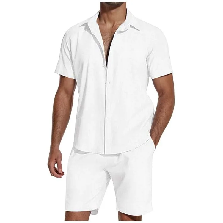 Cotton Linen Shirt Men Two Piece Summer Sets White Matching Beach Wear Summer Short Set Men Casual Beach Shirt and Short