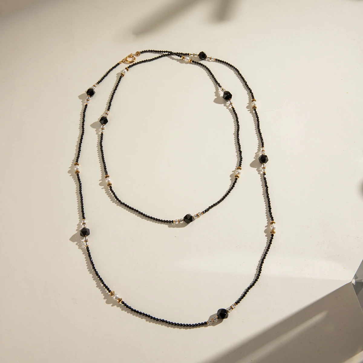 J&D 18k Gold Stainless Steel Crystal Onyx Pearl Beaded Necklace Long Strand 125cm Black Crystal and Faux Pearl Design