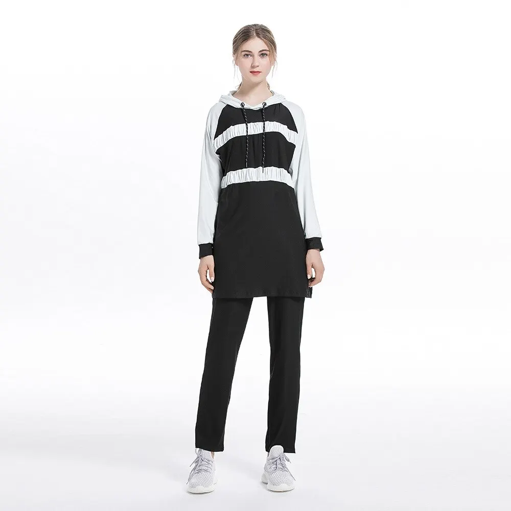 2 piece Block Stripe Casual Arabic Islamic Women Outfit Muslim Hoodie Top Long Pant Sweatsuit Tracksuit Sport wear