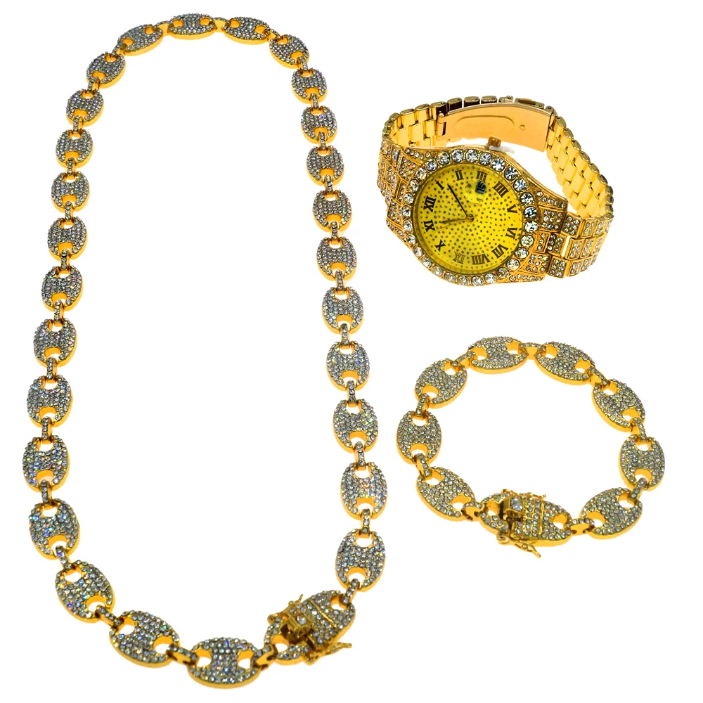 Zhuerrui 24k Gold Plated Dubai Chain Design Jewelry Set Fashion Body Chain Necklace Bracelet Watch Stainless Steel  HW21100149