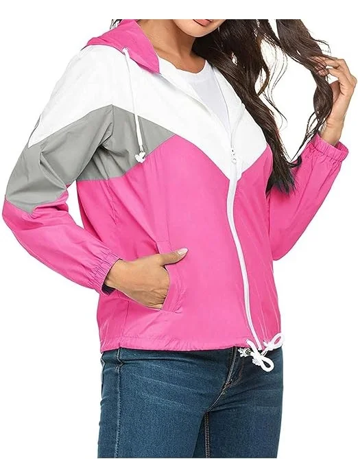 Windbreaker Hoodie Jacket Coat for Womens Fashion Track Anorak Ripstop Breathable Quick Dry Cotton Lining Patchwork Packable