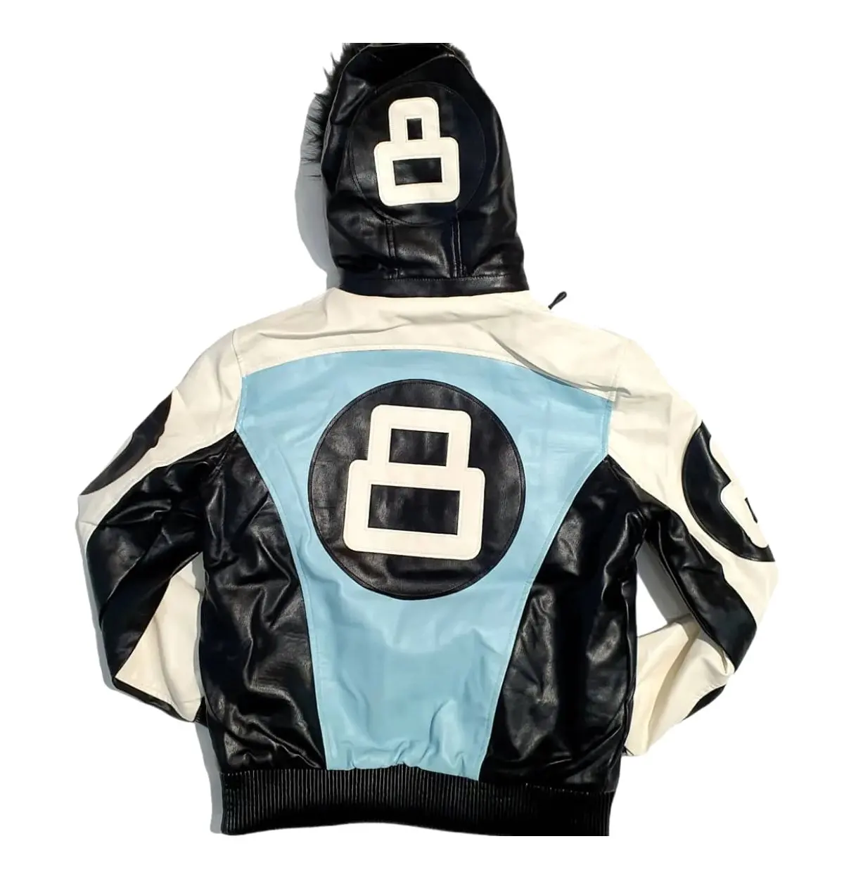 Green And Black And White 8 Ball Bomber Jacket With Fur Hooded Collar Zipper Closure Genuine Lamb Leather Bomber Jacket