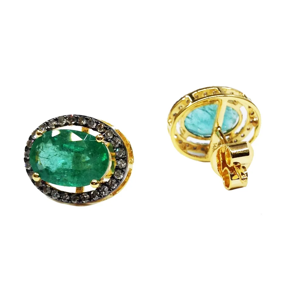 Traditional 14K Gold Emerald Gemstone Classic Engagement Wedding Women Wear Polki Diamond Earring Set