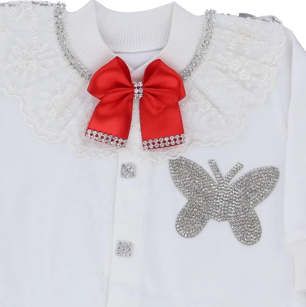 3 Pieces Red Butterfly 100% Cotton Fabric Knitted Long Sleeve Bamboo Bubble Wholesale Custom Baby Romper Set, Baby Gift Set