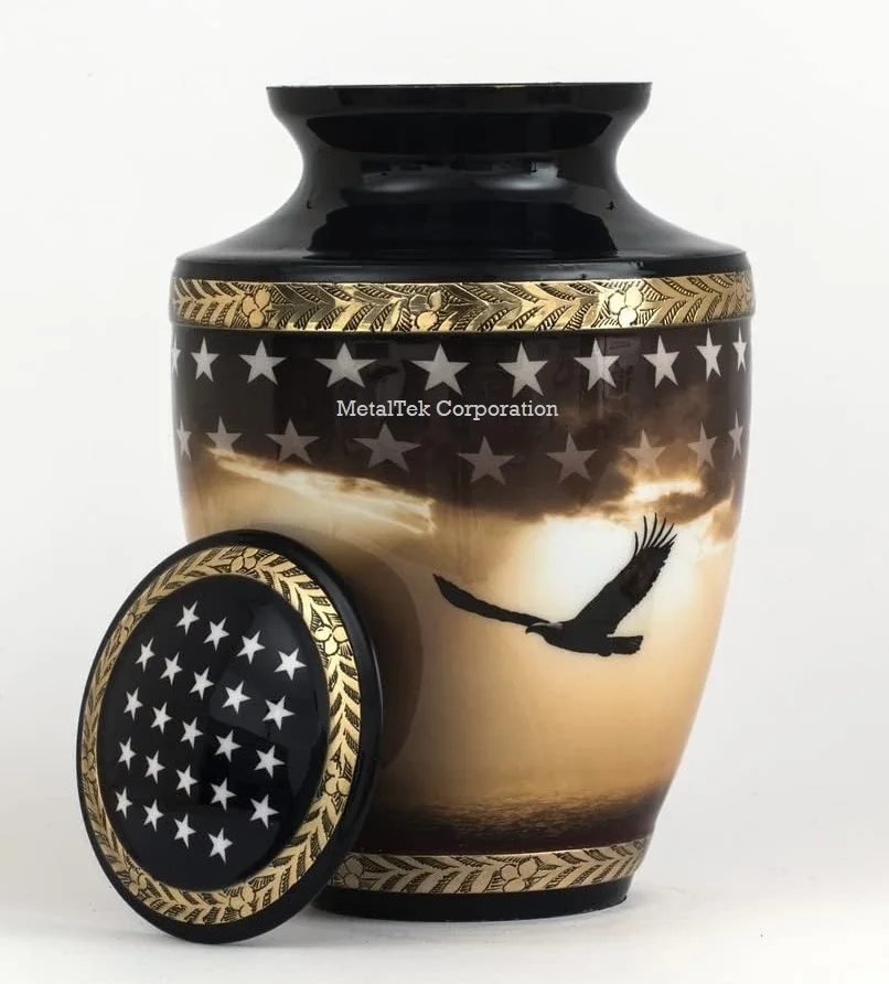 Handmade Pure Brass American Flag With Eagle Patriotic Military Veteran Cremation Urns Large Size Funeral Decorative Burial Urn