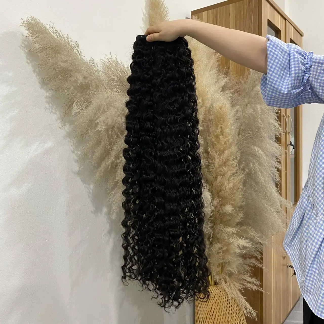 Superb Burmese curly 36 inches Super Double Drawn Vietnamese Human Hair Weft Hair Extensions, Natural Black closure wig