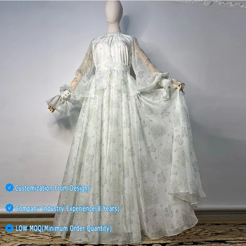 Customization Chiffon Female Flare Ruffled Neck Peplum Ruffles Modest Semi Sheer Long Sleeves Pattern Printed Women Maxi Dress