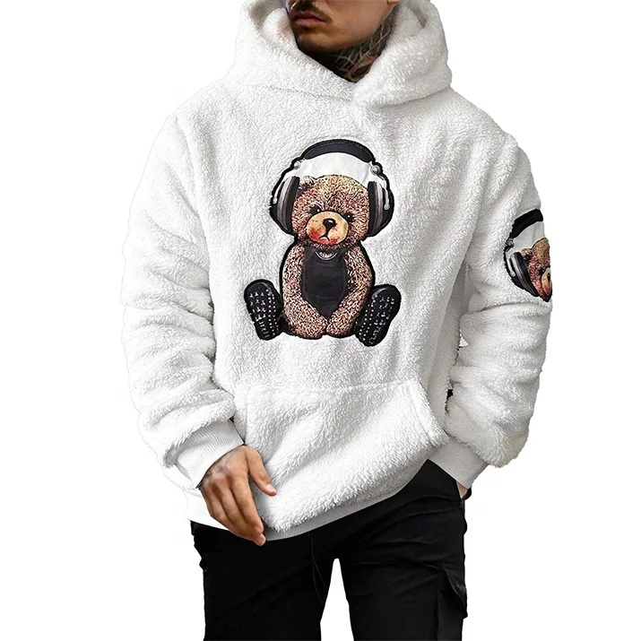 New Arrival Boys Sherpa Hoodie with Hood& Bear Embroidery Kangaroo Pocket  Street Fashion Wear Custom Sweatshirt For Men