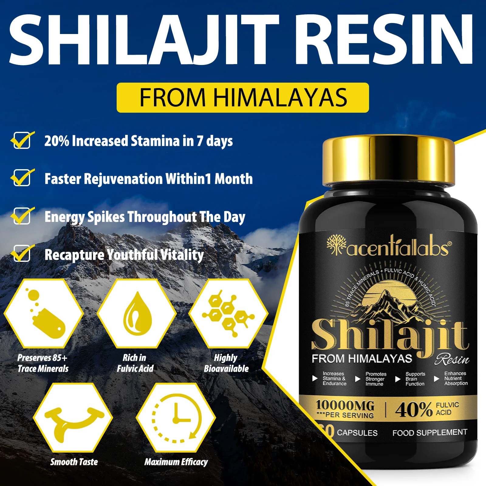 10000Mg Maximum Potency Organic Capsules 60 Count Promotes Stronger Immune Food Supplement Pure Himalayan Shilajit Capsules