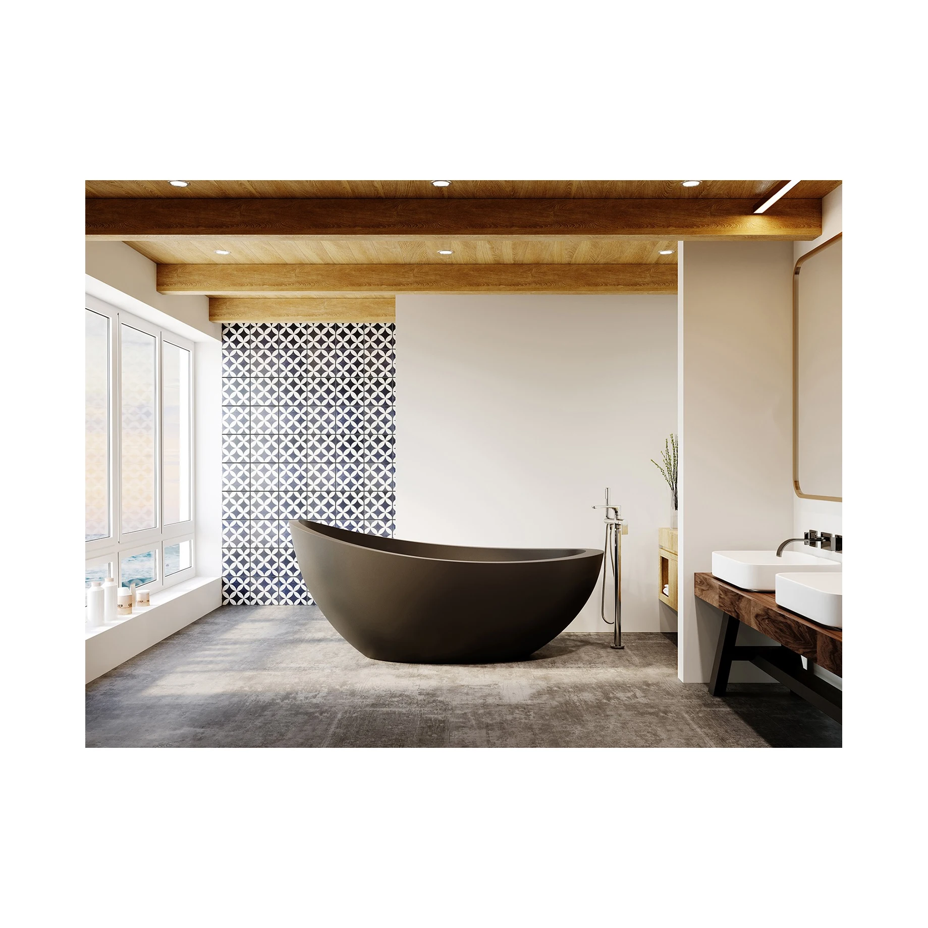 Freestanding Floor Mounted Brass Matte Black Bathroom Bathtub System Kit Waterfall Spout Bathtub Shower Faucet Mixer Set