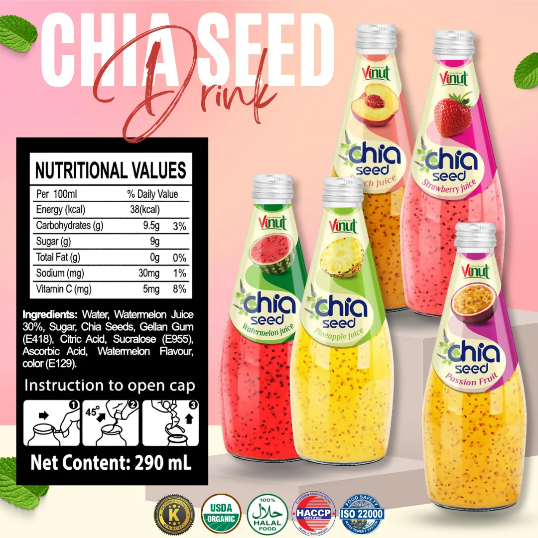 Vietnam Manufacturer Chia Seed Peach Juice Drink 290ml VINUT - Free Sample & Design, Wholesale Best Price,OEM/ODM