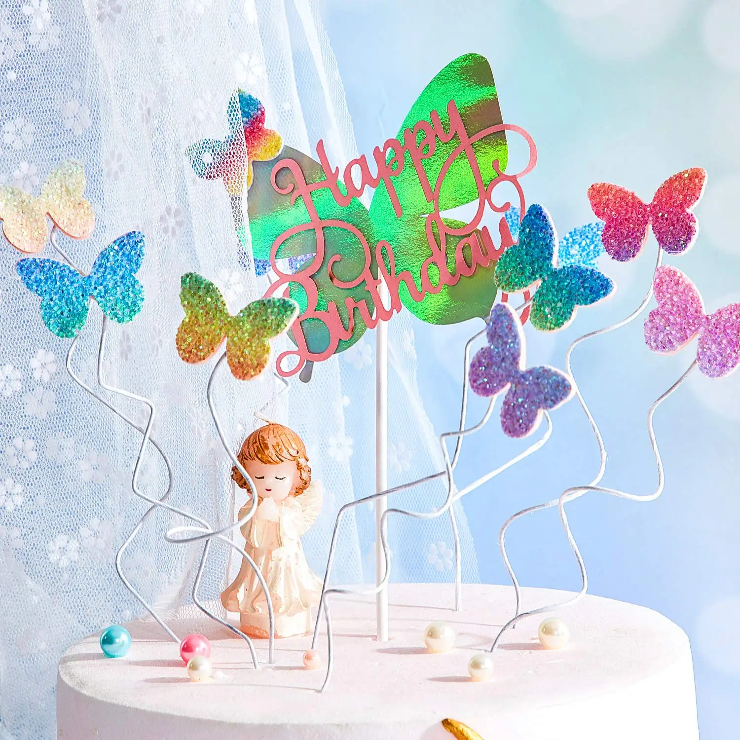 Rainbow Butterfly Cupcake Toppers Glitter Butterfly Cupcake Picks for Kids Girls Birthday Party Baby Shower Cake Decorations