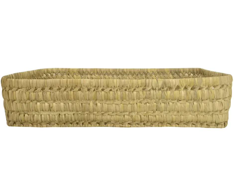 Large Flat Bamboo and Straw Tray with Genuine Leather and Cotton Lining Stylish Lady Hamper for Home or Office