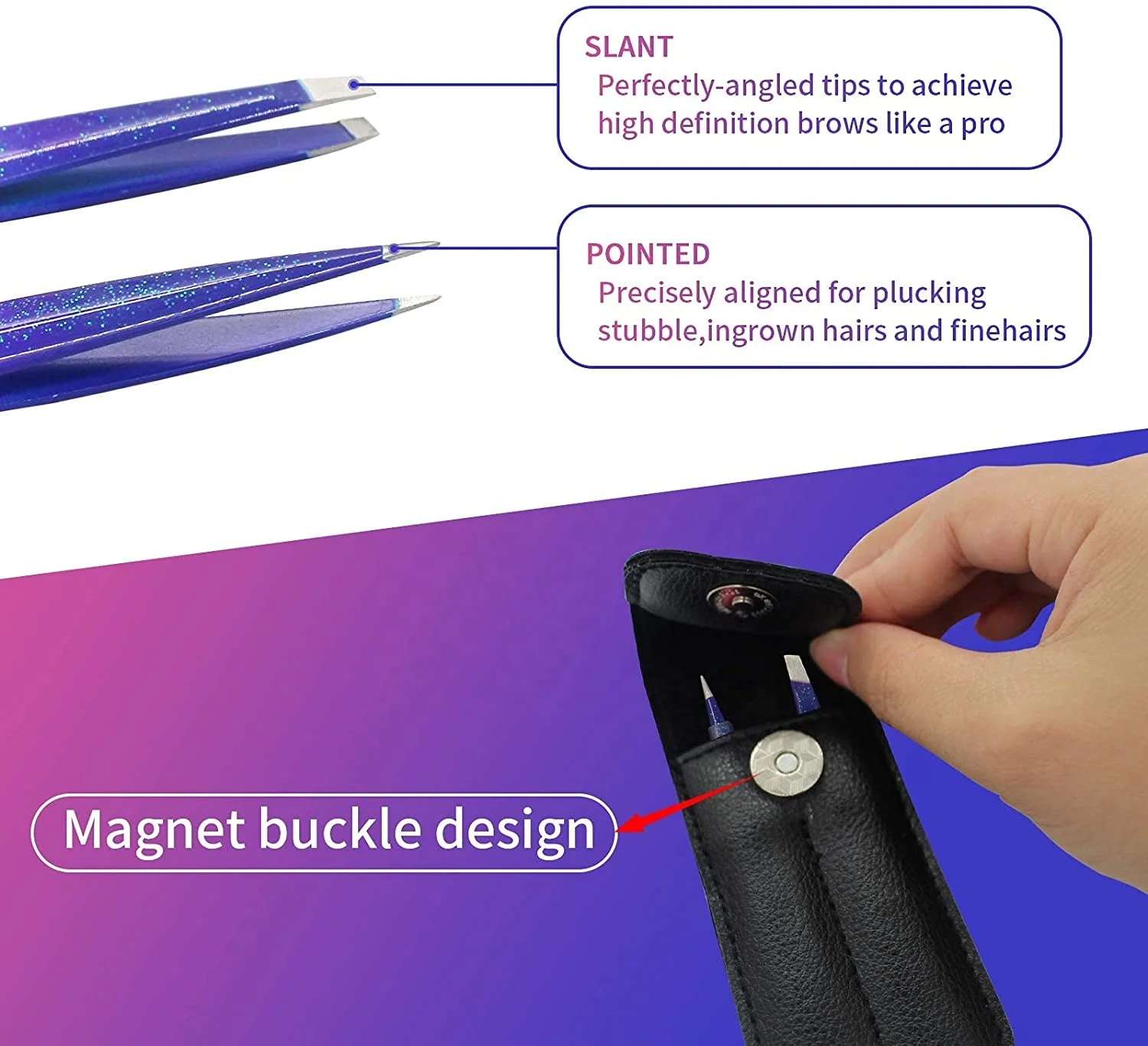 2-Piece Premium Quality Personalized Eyebrow Hair Pluckers Slanted Pointed Tweezers Case Fiber Eyelash Applicator Direct Factory