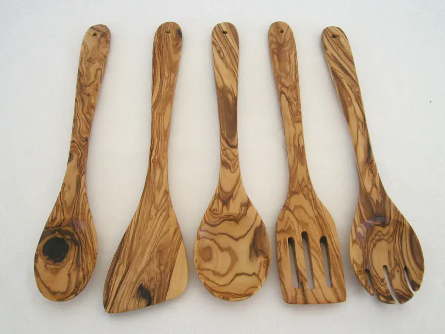 olive wood server set , wooden solid wood servers , wooden dining spoons forks spatula