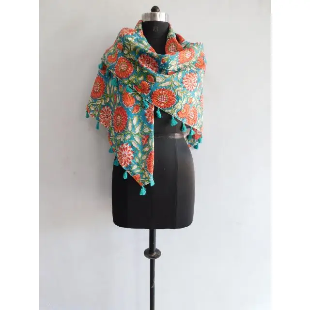 Women Handmade Cotton Winter Wear Scarf Ladies Tassel Red Floral Hand Block Printed Soft Shawl Stole Bandana