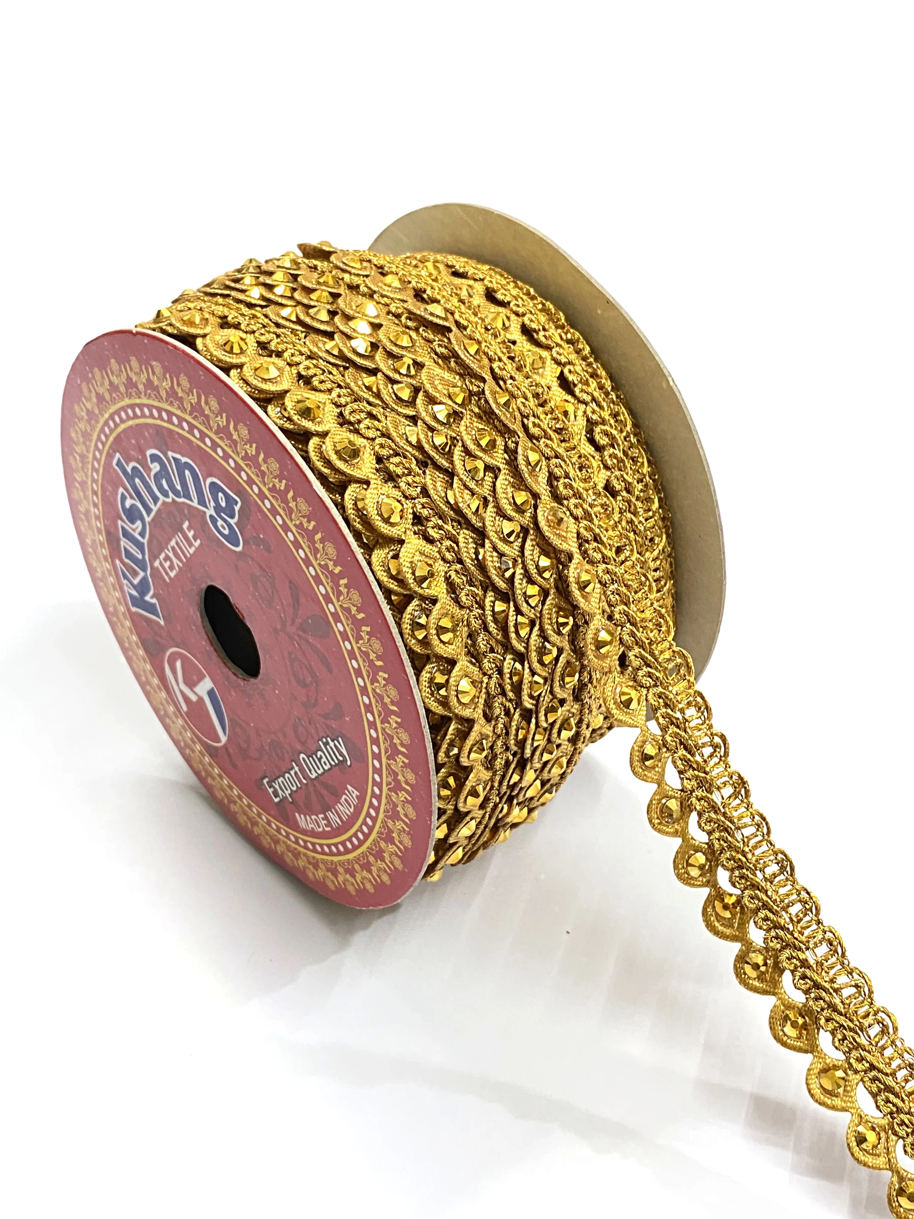 Ethnic Indian Stone Golden Fabric Lace Trim Border Craft Sewing Accessory Clothing Fabric Ribbon Fringes Braided