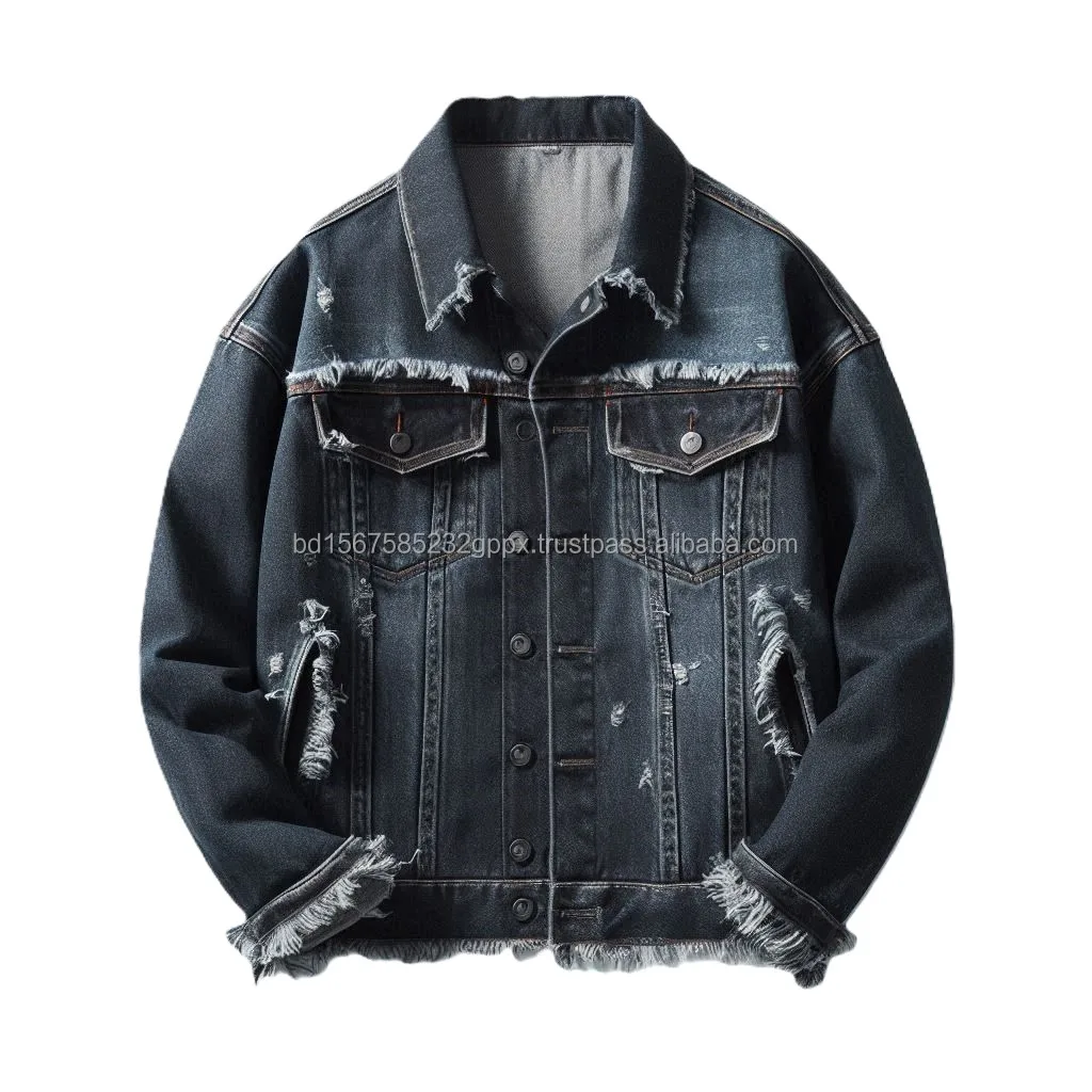Custom Designed Distressed Denim Jacket with High Denier Fabric Washed Ripped Patterns Trending Styles Winter Pockets Collar