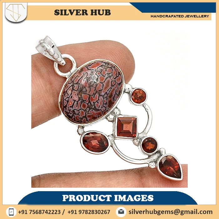 Custom Beauty Dinosaur Bone & Garnet Pendant 925 Sterling Silver Natural Gemstone Silver Pendant Handmade Fine Jewelry Pendant