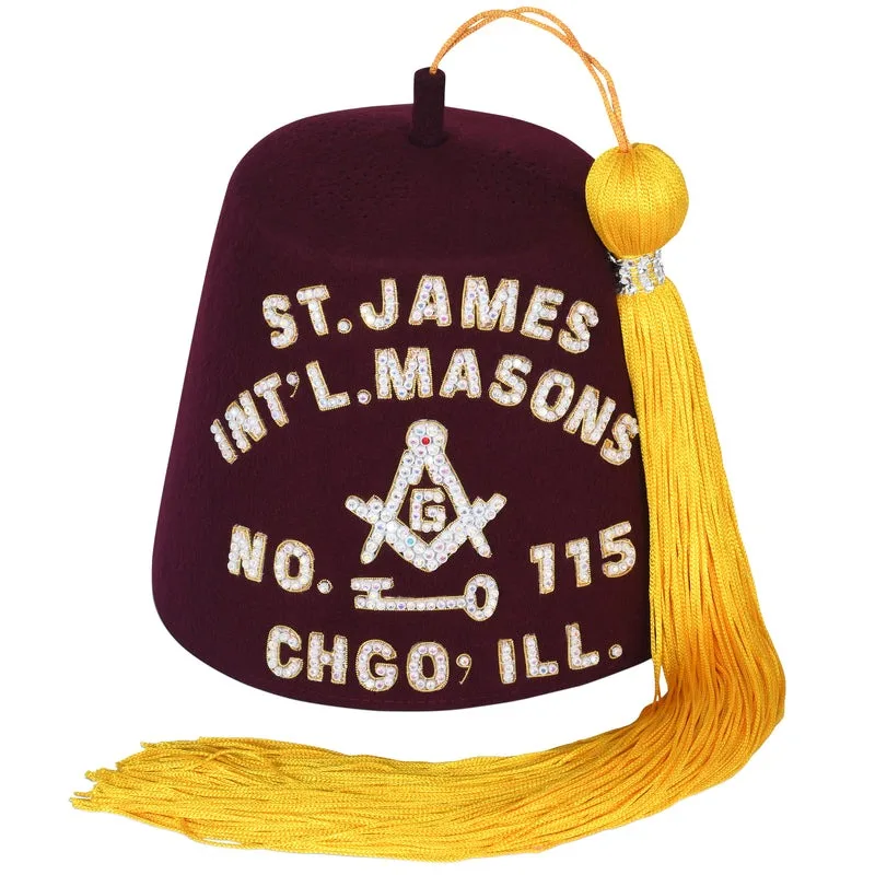 Shriners Masonic Fez Hat with Rhinestones and Gold Bullion Threads Tassel Holder