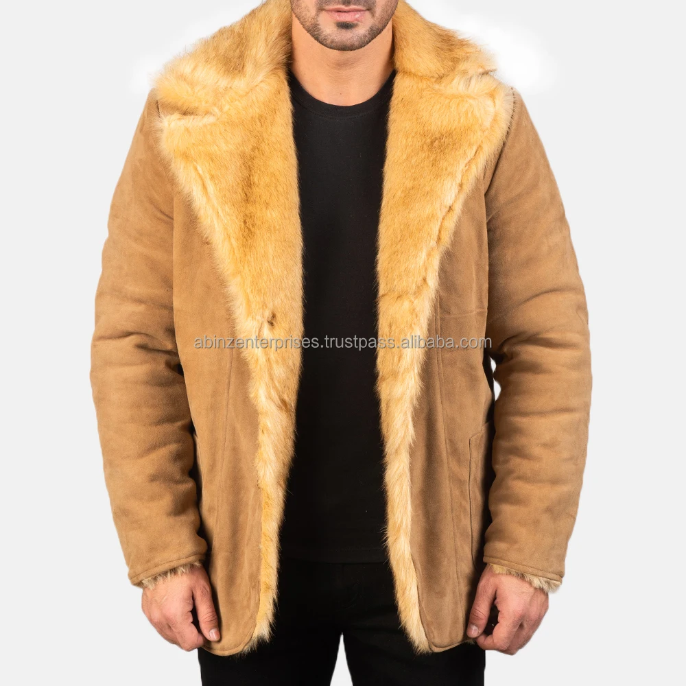 Furlong Beige Suede Leather Coat For Mens High Quality Faux Fur With Long Inside Fur