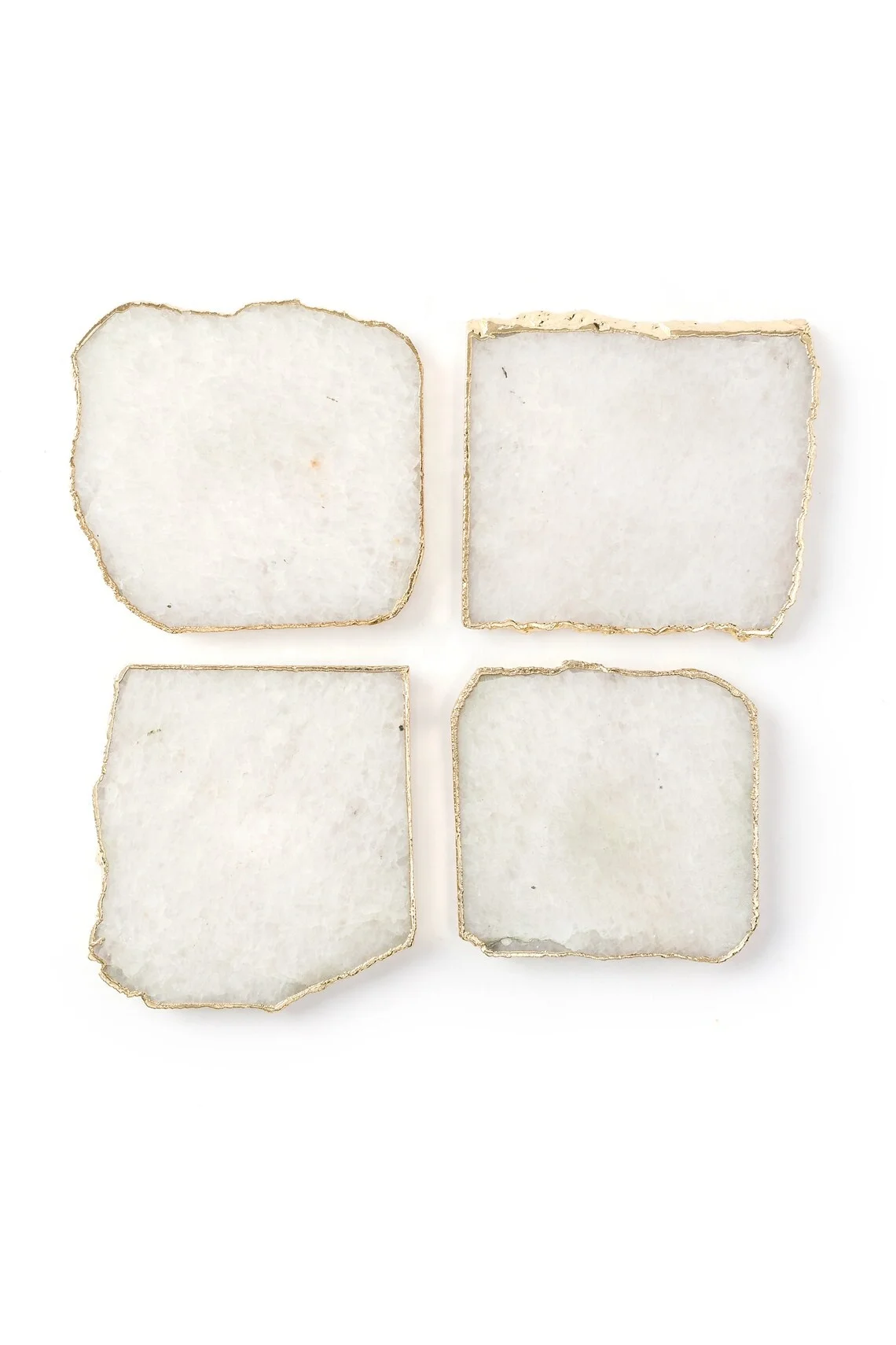 High Quality White Quartz Agate Coaster Set with Gold Trim Crystal Sliced Gemstone Geode Cup Holders for Coffee/Tea