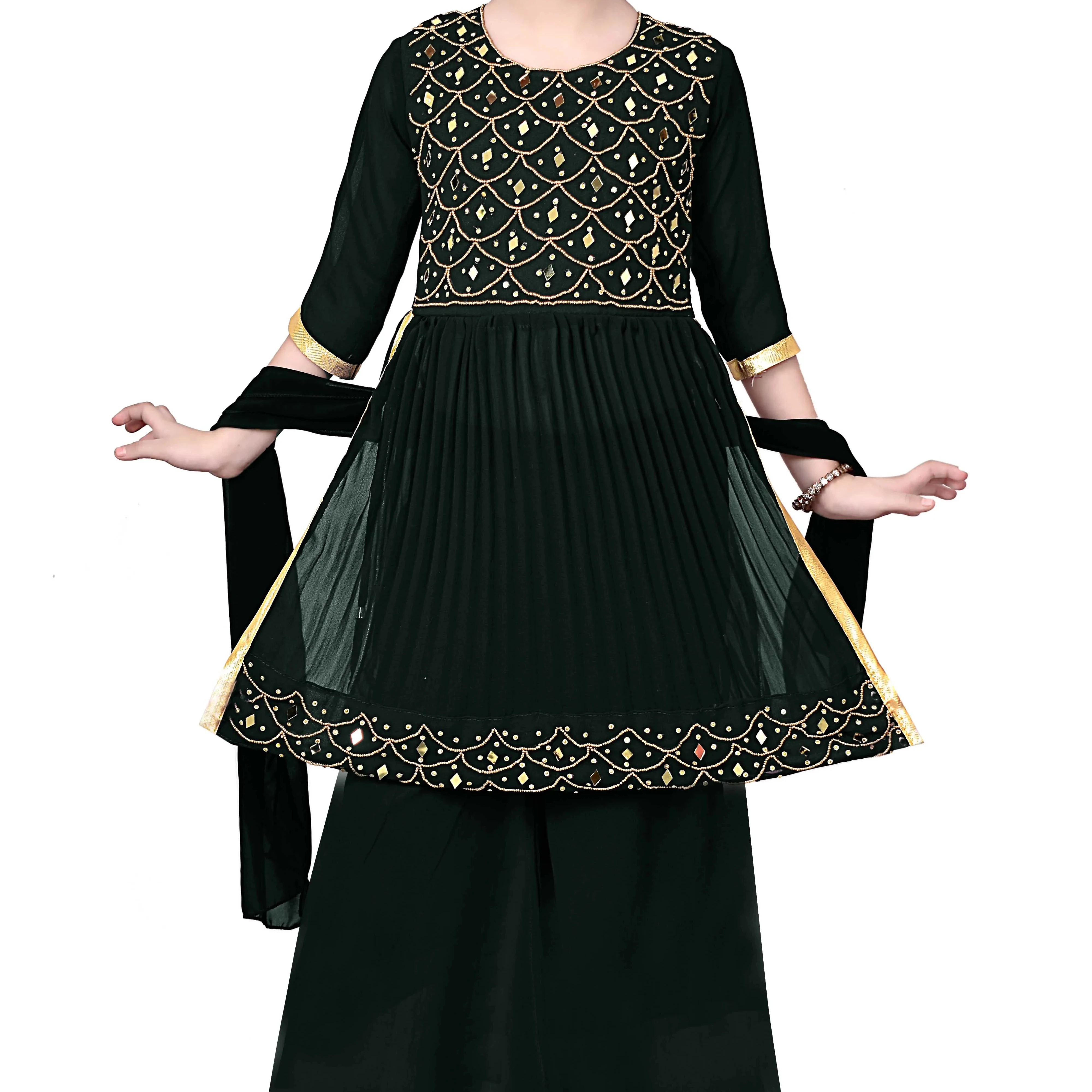 Best Quality Indian Traditional Georgette Naira Kurtis Palazzo Dupatta Set Girls 3-10Years Handmade Party Occasions High Demand