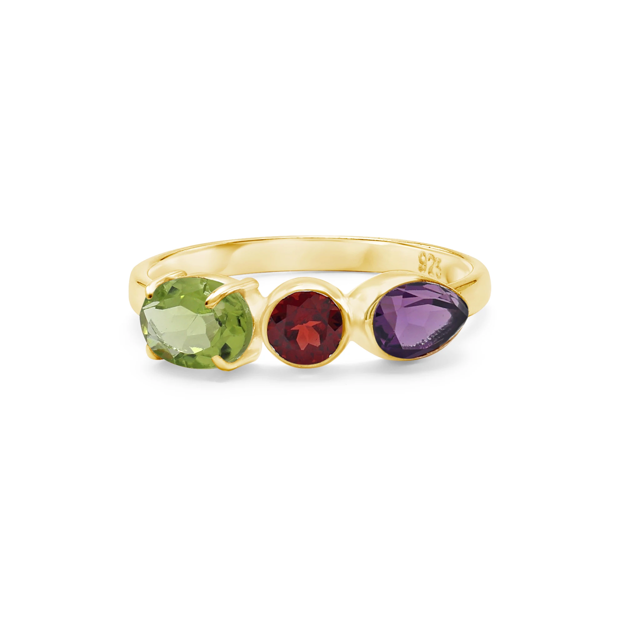Trendy 925 Sterling Silver Oval Round Pear Cut Natural Peridot Garnet Amethyst Faceted Gemstone Band Ring Fine Jewelry For Women