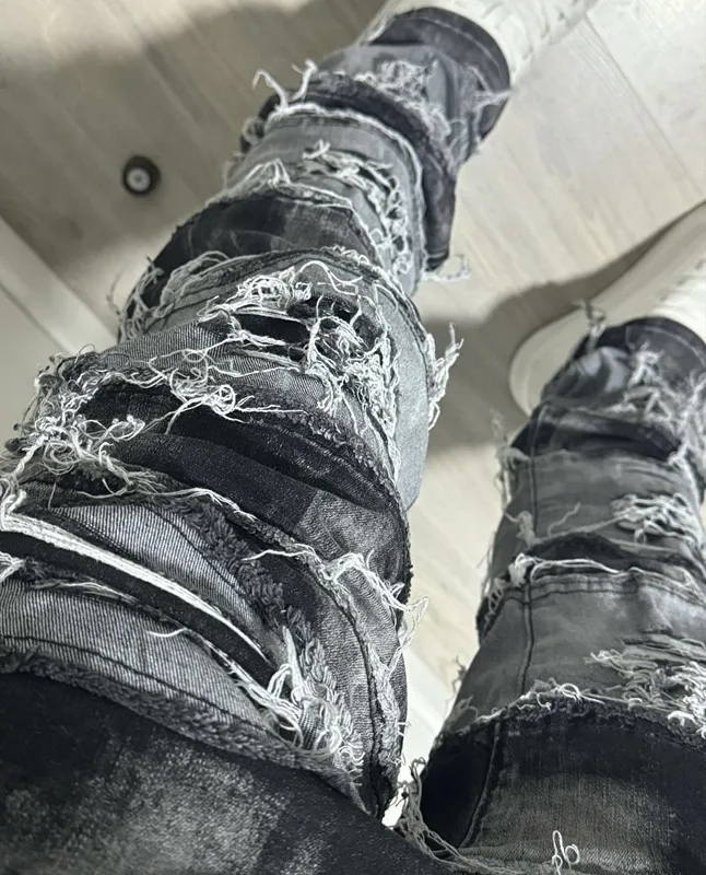 Custom menswear street wear knee-length ripped tight soft made old straight leg wash jeans