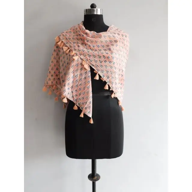 Pink Soft Cotton Women Summer Wear Scarf Indian Hand Block Floral Printed Tassel Shawl Stole Bandana Dupatta