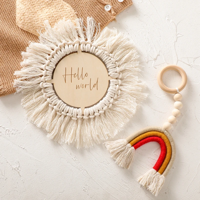 Wooden Milestone Newborn Baby Birth Monthly Wood Milestone Card Tassels Boho Style Newborn Photography Props Set
