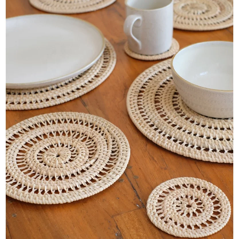 DINING ROOM SETS rattan coaster for drink coffee tea plates cups & saucers set round woven placemat classic furniture gifts