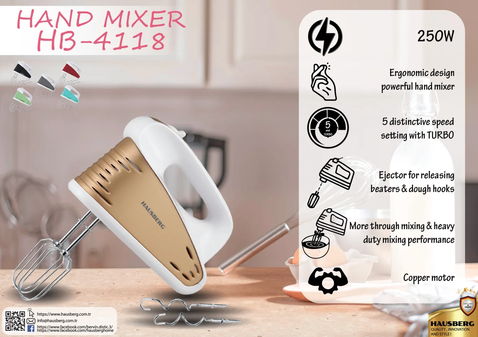 Hausberg-high quality hand mixer of 5 distinctive speed setting and TURBO