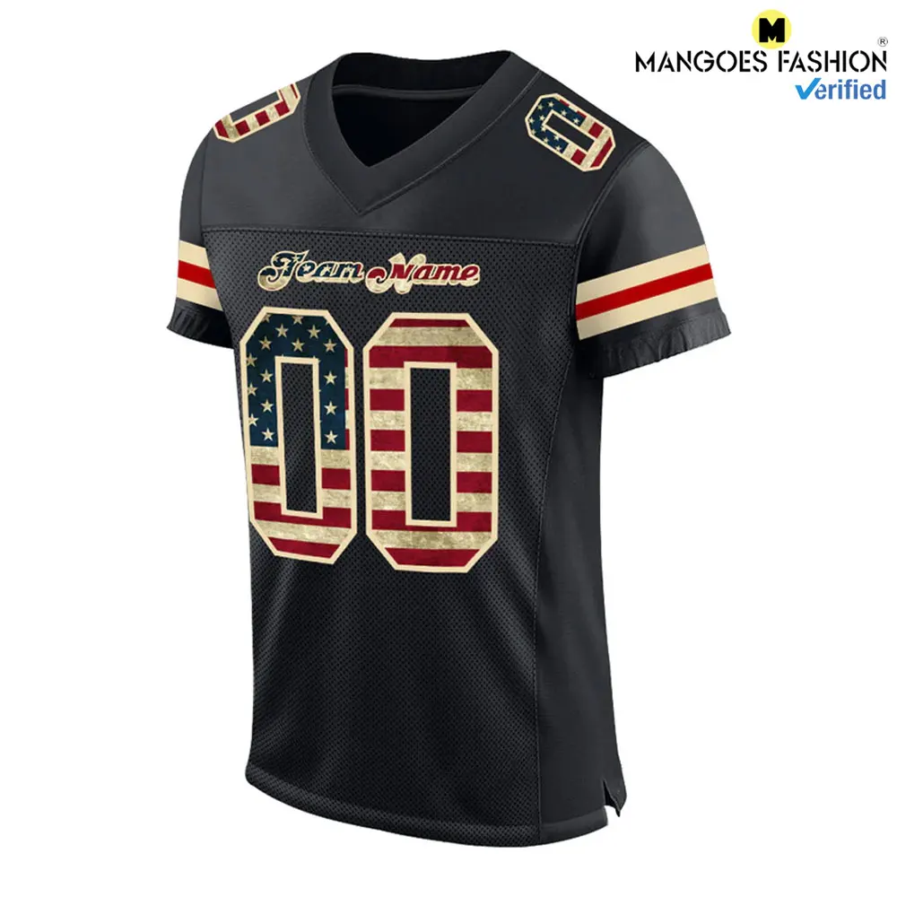 Vintage Style Custom Black USA Flag Cr-eam Mesh Authentic Football Jersey American Football Wear Sublimation Printing