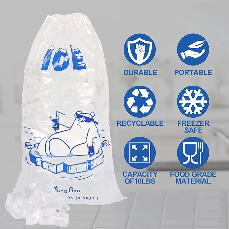 custom logo high quality food grade Ice Storage DrawString bags clear poly plastic ice cubes bags