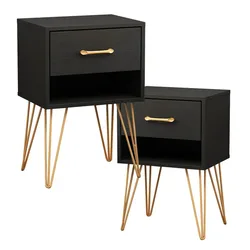 Unique Nightstand Black Wood Pair Night Stand Bedside Table with Gold Metal Legs