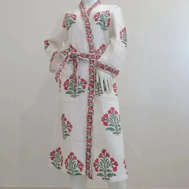 Cotton Waffle Spa Robe Classy Handmade Beach Cover up Super Absorbent Bathrobe Block Print Beautiful Bridesmaid Robes Robe