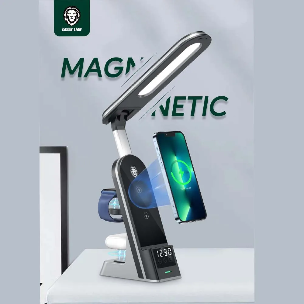 Green Lion 7 IN 1 Dual Coil Wireless Charger -LED Nightlight -Clock applicable for phone watch earphone  Max 15W