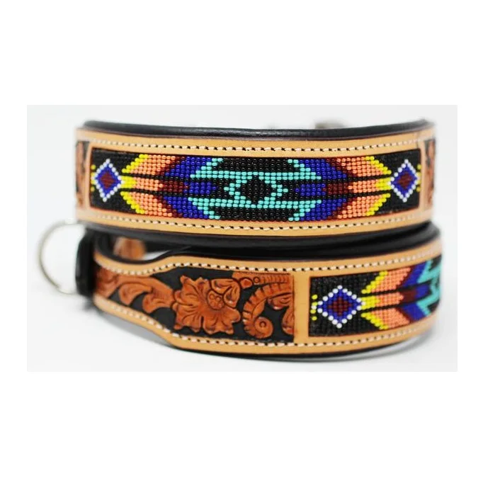 Genuine Leather Hand Tooled Dog Collar Colorful Half Beaded Dog Neck Band Custom Fitting Color OEM Accepted