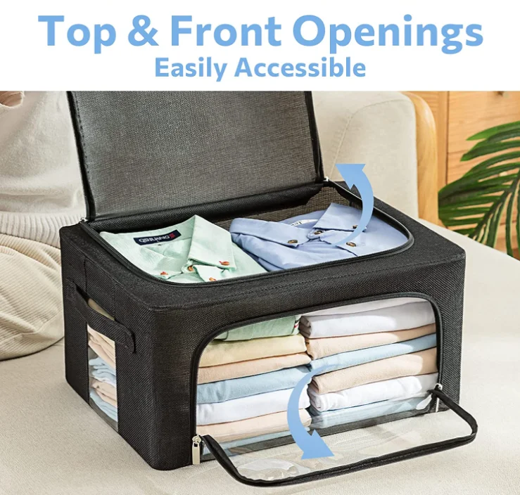 Clothes Storage Bins Box - Foldable Stackable Container Organizer Set with Clear Window & Carry Handles & Metal Frame