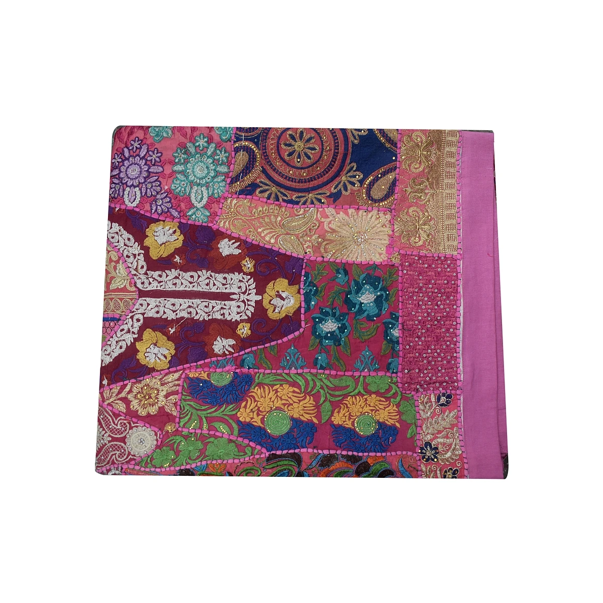 Wholesale Indian bohemian queen size hand stitched patchwork design pink color rare vintage sari quilt, throw and blanket